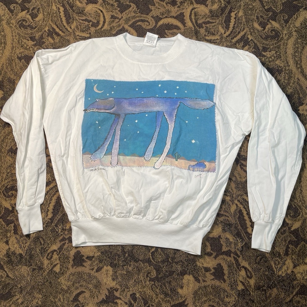 Vtg 80s MA Sullivan Wolf Night Art Piece Sweatshirt White Adult Size Medium